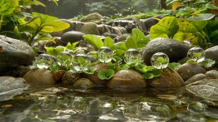 Crystal Spheres on Stones Surrounded by Lush Greenery Near Tranquil Stream in Serene Natural Landscape