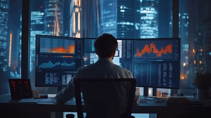 Fototapeta premium A man is sitting at a desk with two computer monitors in front of him