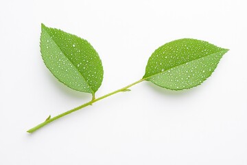 Fototapeta premium Fresh green leaves with dew drops on a white background, highlighting nature's beauty and tranquility