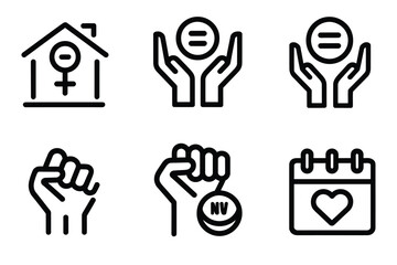 International Women's Day Black Line Icon Set – Gender Equality, Women's Empowerment, Feminist Movement Symbols