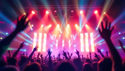 Energetic Concert Crowd Silhouettes Under Vivid Stage Lights