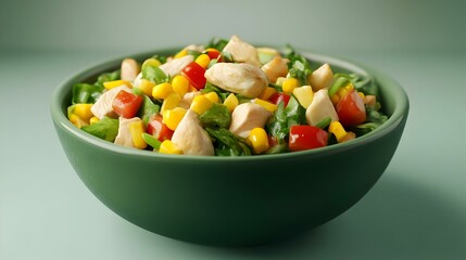 Corn salad with chicken in green bowl
