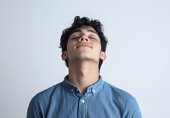 Obraz premium Relaxed Young Man with Eyes Closed, Peaceful and Calm Expression Concept of Serenity and Mindfulness
