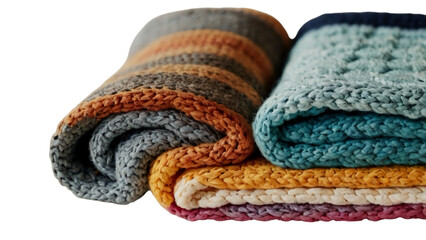 A blue knitted wool sweater and scarf isolated on a white background