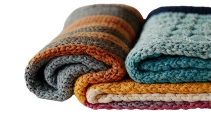 A blue knitted wool sweater and scarf isolated on a white background