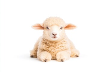 Fototapeta premium A fluffy lamb lying down peacefully on a white background, showcasing its soft wool and calm demeanor