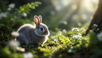 Fototapeta premium A gentle forest encounter with a cute fluffy bunny surrounded by flowers and light