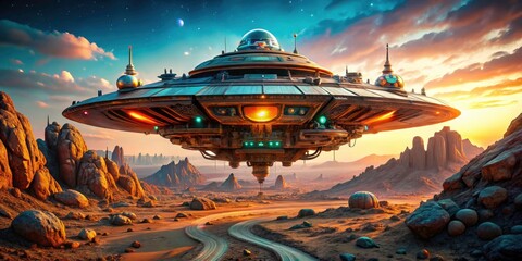 Alien spaceships loom over a dystopian, cyberpunk landscape; extraterrestrial vehicles dominate the sci-fi scene.