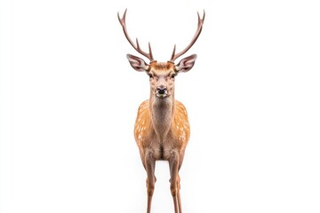 Fototapeta premium A majestic deer stands confidently against a white background, showcasing its antlers and spotted fur