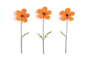 Naklejka premium Three vibrant orange flowers with green leaves arranged symmetrically on a white background
