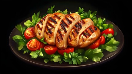 Delicious grilled chicken salad isolated on black background