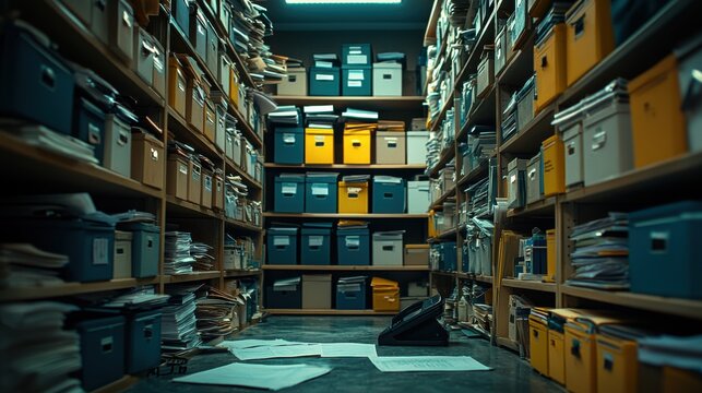 Cluttered archive room filled with shelves of boxes and piles of documents, capturing a busy office environment, records management, and the need for organization.