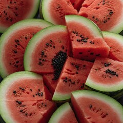 A ripe watermelon sliced open to show its red, juicy interior with black seeds, resting on a white table.