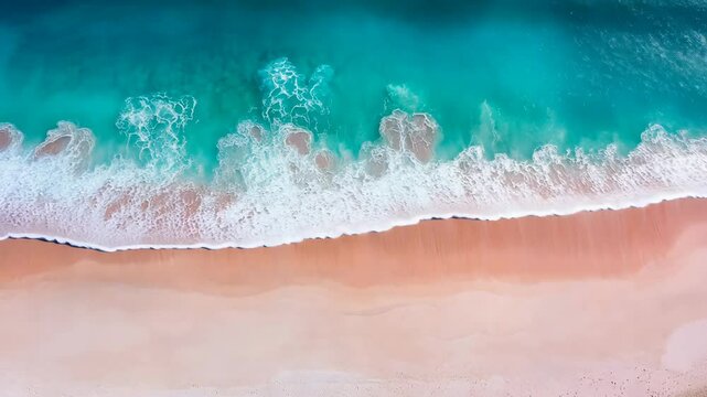 Vibrant turquoise waves gently lap against a soft pink sandy beach under bright sunlight near the coast