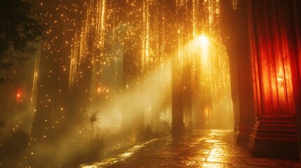 Obraz premium Golden Light Illuminates Mystical Forest Pathway