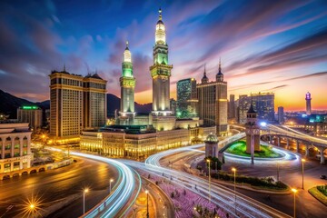 Obraz premium A long exposure captures Mecca's majestic skyline at night, showcasing the Abraj Al-Bait and Grand Mosque's brilliance.