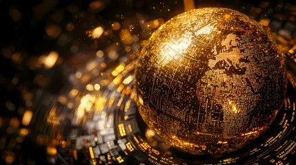 Global Golden Sphere Representation Digital World 3D Graphic Futuristic Environment Aerial View Conceptual Visualization