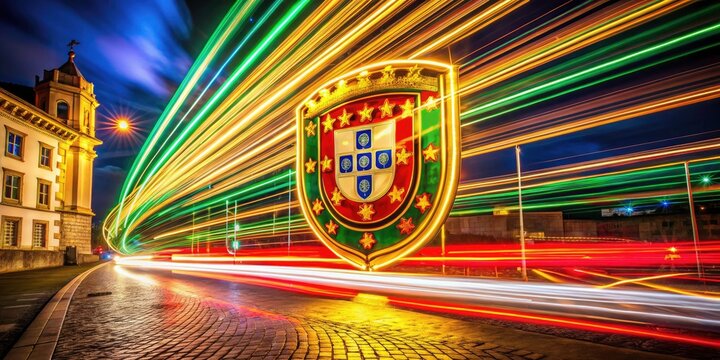 A long exposure captures the Portuguese coat of arms at night, showcasing its heraldic beauty and national significance, a powerful image of Portuguese heritage.