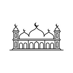 Black and white, simple line drawing of a mosque.