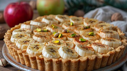 A delicious dessert, resembling cake or tart, topped with fruits and nuts. Bananas and pistachios adorn the treat, with an apple adding color. HD 8K wallpaper Photographic Image