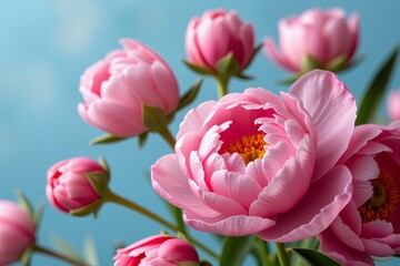 Obraz premium Delicate Pink Peonies Blooming Close Up Vibrant Floral Bouquet Spring Flowers