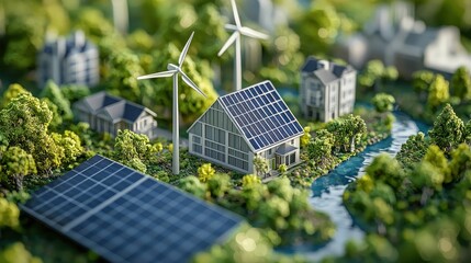 Fototapeta premium A model of a city with a house and a wind turbine