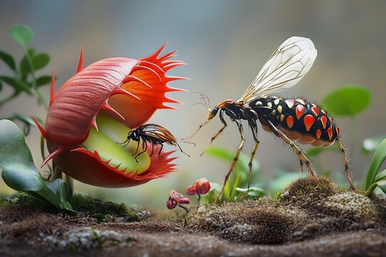 Nature's duel insect encounters with a venus flytrap in a vibrant forest setting