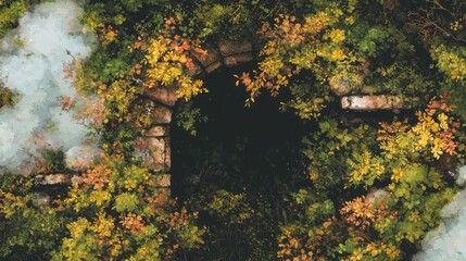 Enchanting Autumnal Stone Archway  Overgrown  Mystery  Fantasy  Watercolor  Nature  Magica