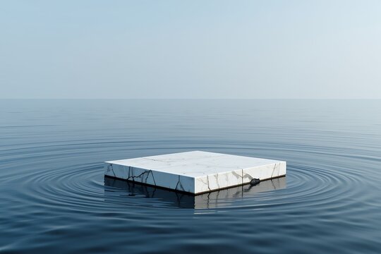 Serene Minimalist Marble Platform Floating on Calm Ocean Water