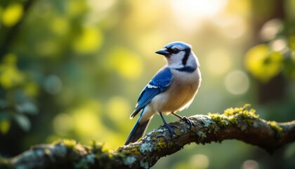 Obraz premium Blue Jay Perched on Branch in Sunny Forest