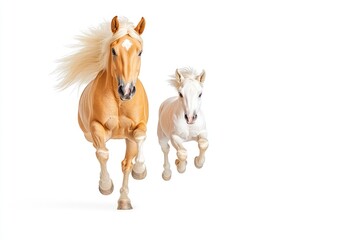 Obraz premium A golden horse and a white foal galloping together in a bright, clean space, showcasing their bond and energy