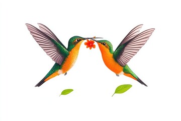 Obraz premium Two colorful hummingbirds sharing a vibrant flower in a serene, minimalist white background scene