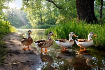 Fototapeta premium Ducks wading in serene pond nature reserve wildlife photography lush green environment close-up view