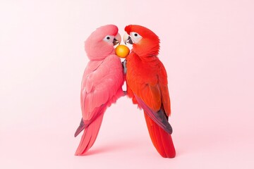 Fototapeta premium Two colorful parrots, one pink and one red, playfully holding a yellow ball against a soft pink backdrop
