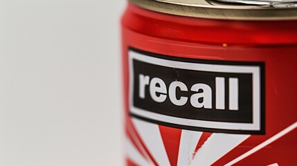 Close-up of unopened canned food with recall label on clean white background, slight tilt emphasizing label, copy space for text.