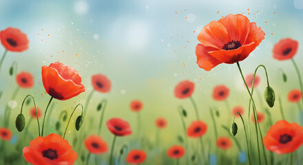 Fototapeta premium Watercolor depiction of poppy flowers as a background.