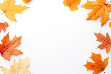Vibrant autumn leaves in warm colors arranged on a clean white background, ideal for seasonal designs