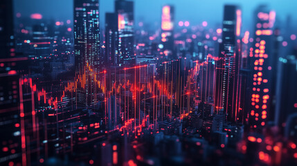 Fototapeta premium Dynamic Cityscape at Night with Glowing Data Streams