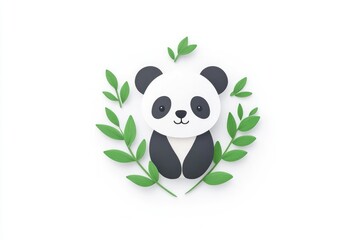 Naklejka premium Cute cartoon panda surrounded by green leaves, illustrating nature's beauty and wildlife conservation