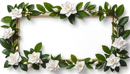 Naklejka premium Elegant Gold Frame with White Gardenias Floral Border