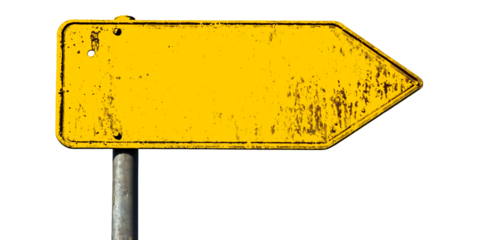 Rusty yellow road sign arrow pointing left isolated on white background, PNG