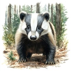 Fototapeta premium A curious badger stands in a serene forest, surrounded by tall trees and soft underbrush, exploring its habitat