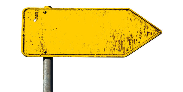 Rusty yellow road sign arrow pointing left isolated on white background, PNG