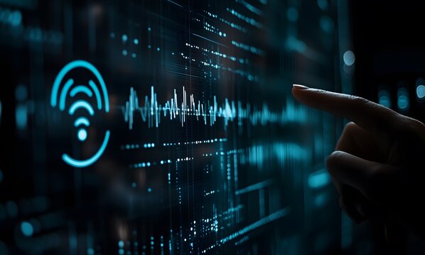 Futuristic Microphone with Sound Waves and Hand Interaction on Dark Background