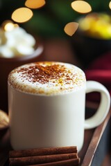 Warm Spiced Latte in White Mug with Cinnamon Sticks Cozy Winter Holiday Drink