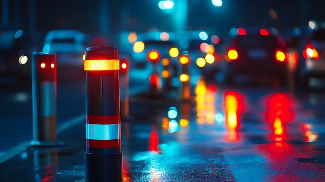 Night Cityscape: Illuminated Road with Traffic and Reflective Bollards