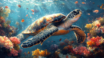 Obraz premium Sea Turtle in Coral Reef: A majestic sea turtle glides gracefully through a vibrant coral reef, bathed in the shimmering sunlight. The coral formations shimmer with a kaleidoscope of colors.