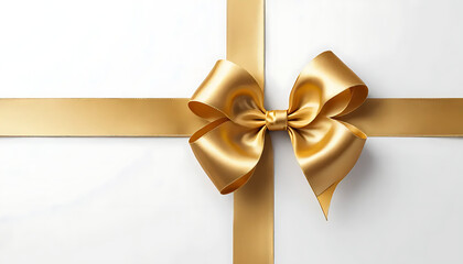 Fototapeta premium Elegant Gold Ribbon Bow on White Gift Background