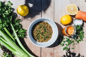 Light lentil salad with fresh ingredients on a wooden table