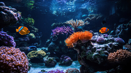 Obraz premium Vibrant Coral Reef Ecosystem: A mesmerizing underwater scene showcases a vibrant coral reef teeming with life.